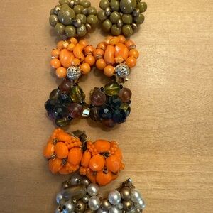 Vintage Beaded Clip-On Earrings Set - Orange, Green, Brown, Pearl
